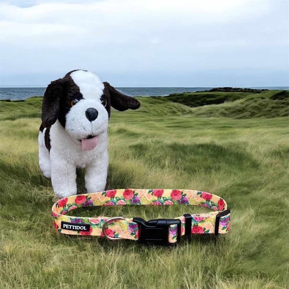 NWOT New Pettidol Dog Pet Collar Quick Release Buckle Yellow/Pink Floral Pattern